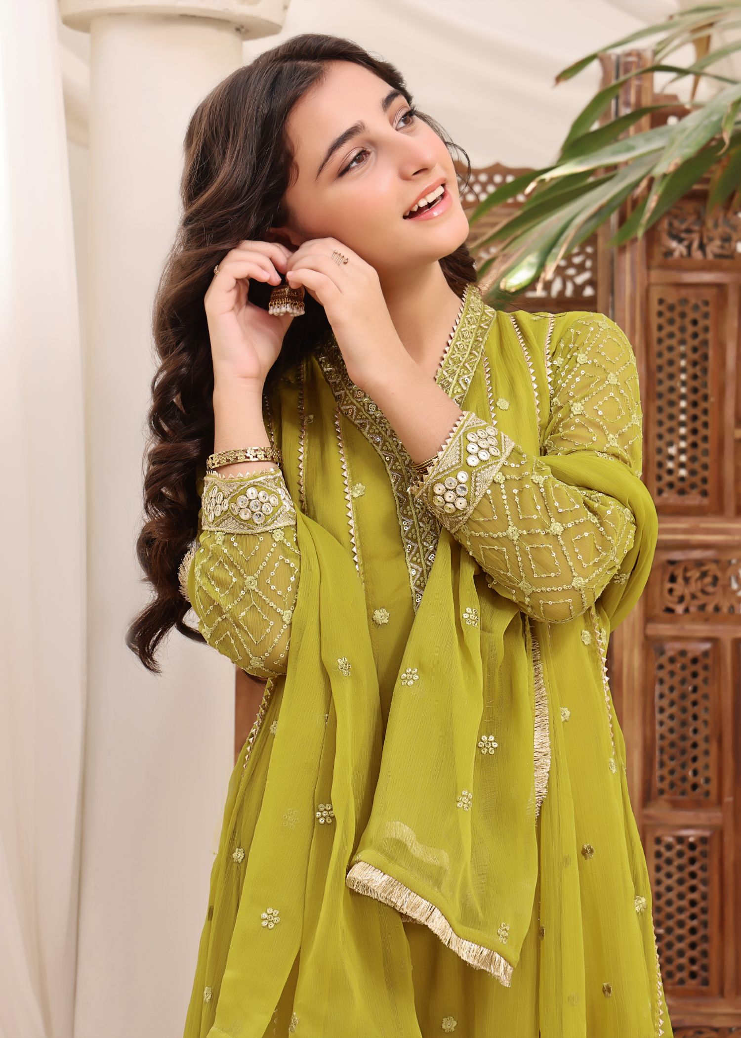 Kids Olive Green Chiffon Partywear Suit Online in KSA Riyadh Saudi Arabia Oman Bahrain Qatar