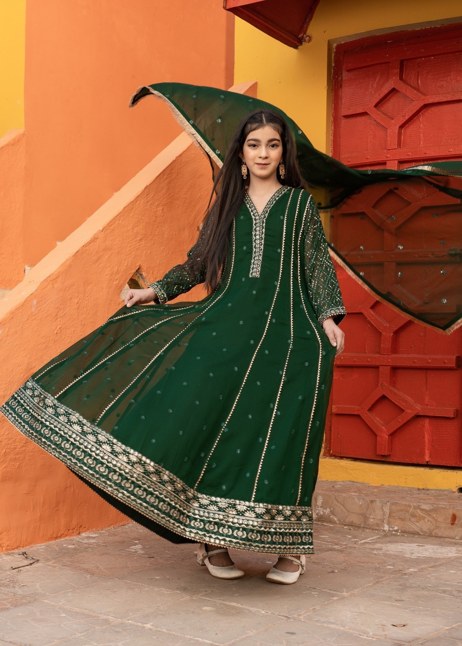 Kids Party Wear Green Chiffon Suit Online in KSA Riyadh Saudi Arabia Oman Bahrain Qatar