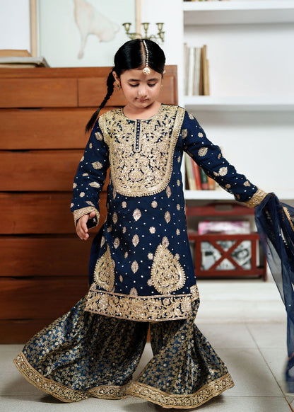 Kids Partywear Navy Blue Chiffon Salwar Kameez Online in KSA Riyadh Saudi Arabia Oman Bahrain Qatar