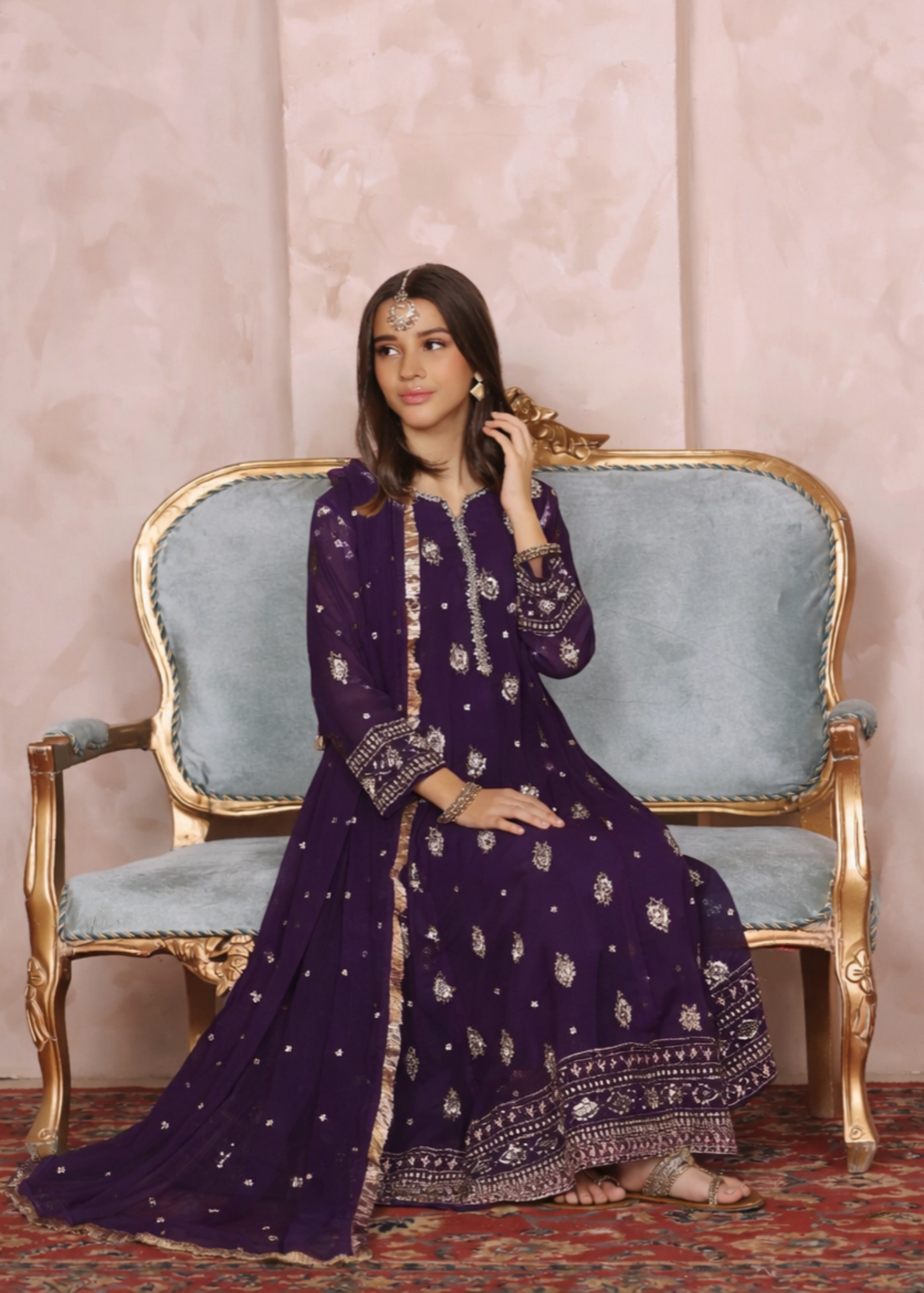 Kids Purple Embroidered Chiffon Salwar Kameez Online in KSA Riyadh Saudi Arabia Oman Bahrain Qatar
