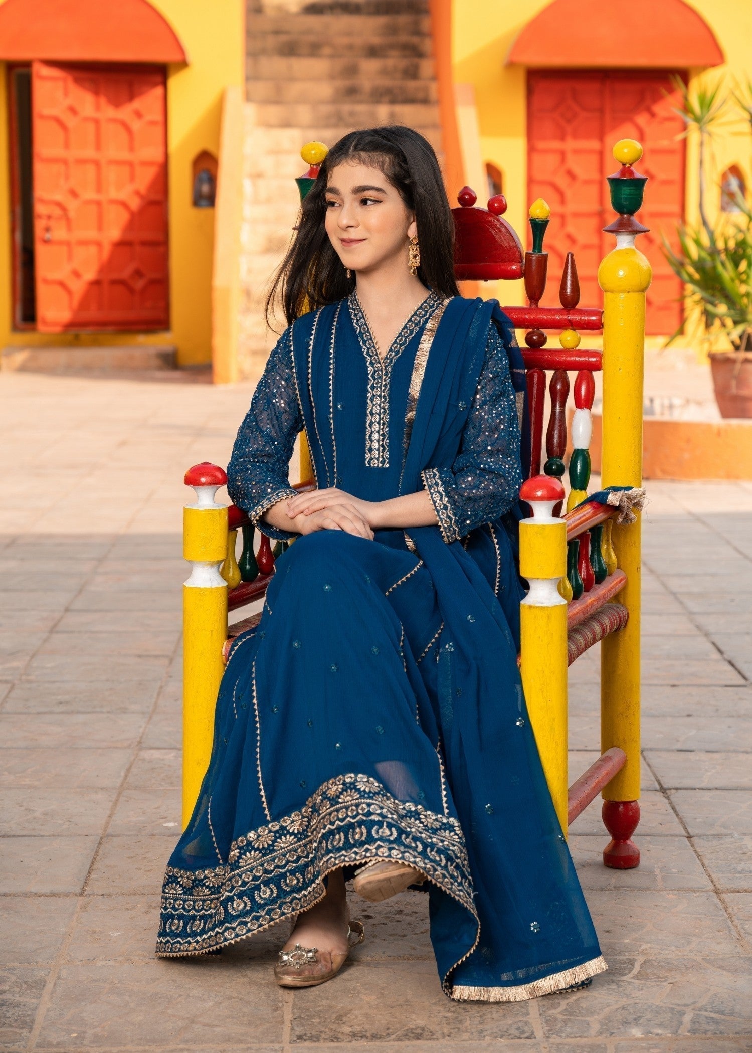 Kids Teal Chiffon Embroidered Partywear Suit Online in KSA Riyadh Saudi Arabia Oman Bahrain Qatar