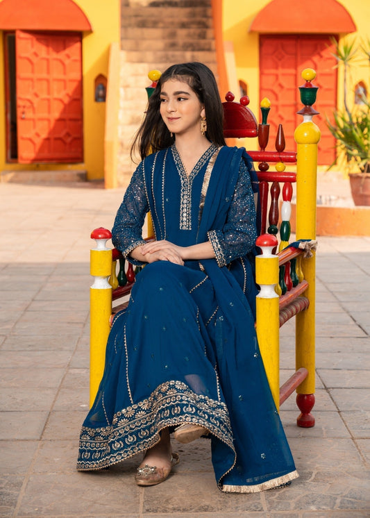 Kids Teal Chiffon Embroidered Partywear Suit Online in KSA Riyadh Saudi Arabia Oman Bahrain Qatar