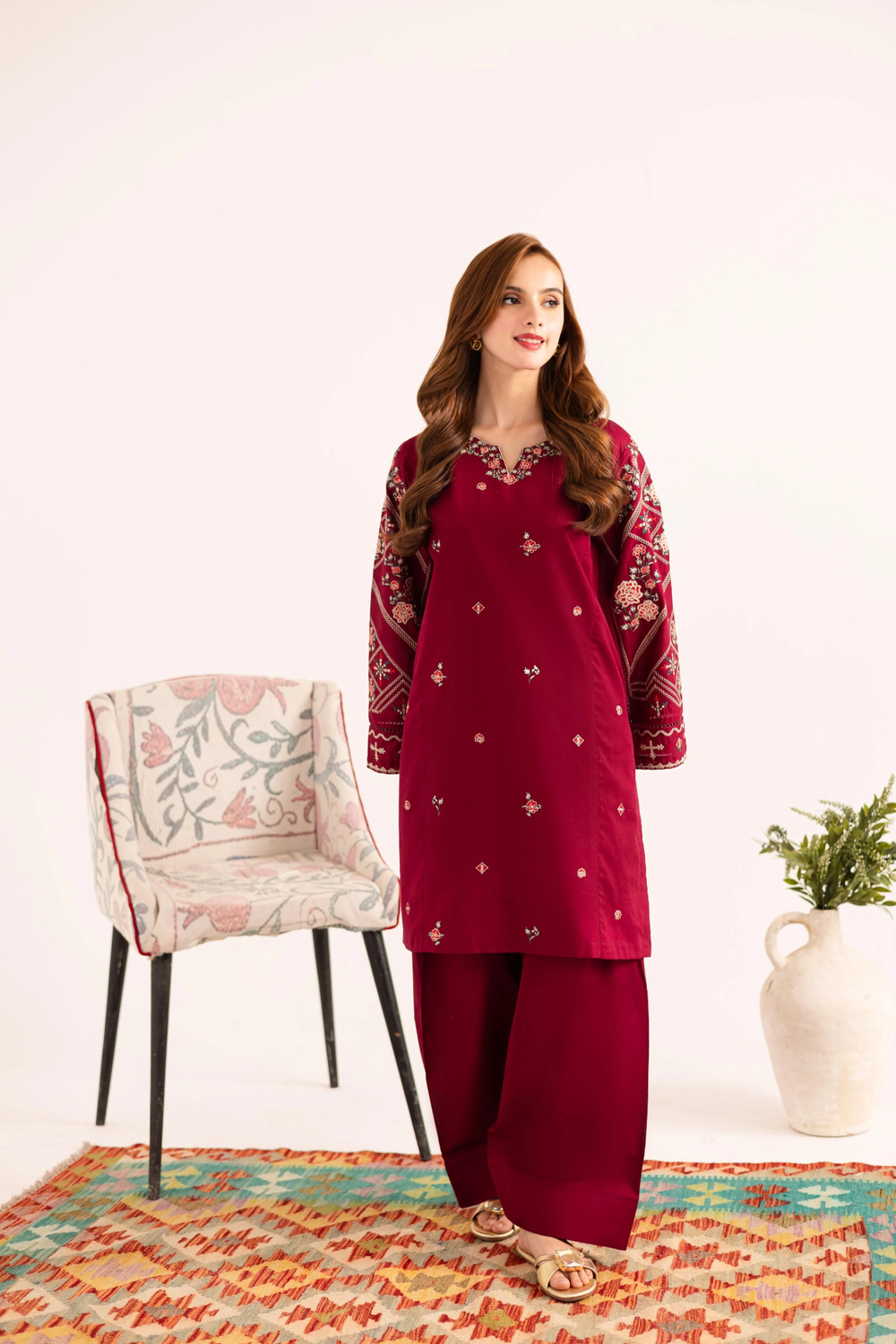 Blood Red Embroidered Lawn Farshi Shalwar Kurta Set Online in Dubai UAE Abudhabi Ajman Sharjah