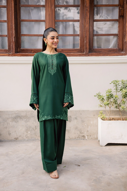 Bottle Green Embroidered Lawn Farshi Shalwar Kurta Set Online in Dubai UAE Abudhabi Ajman Sharjah