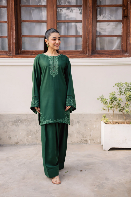 Bottle Green Embroidered Lawn Farshi Shalwar Kurta Set Online in Dubai UAE Abudhabi Ajman Sharjah