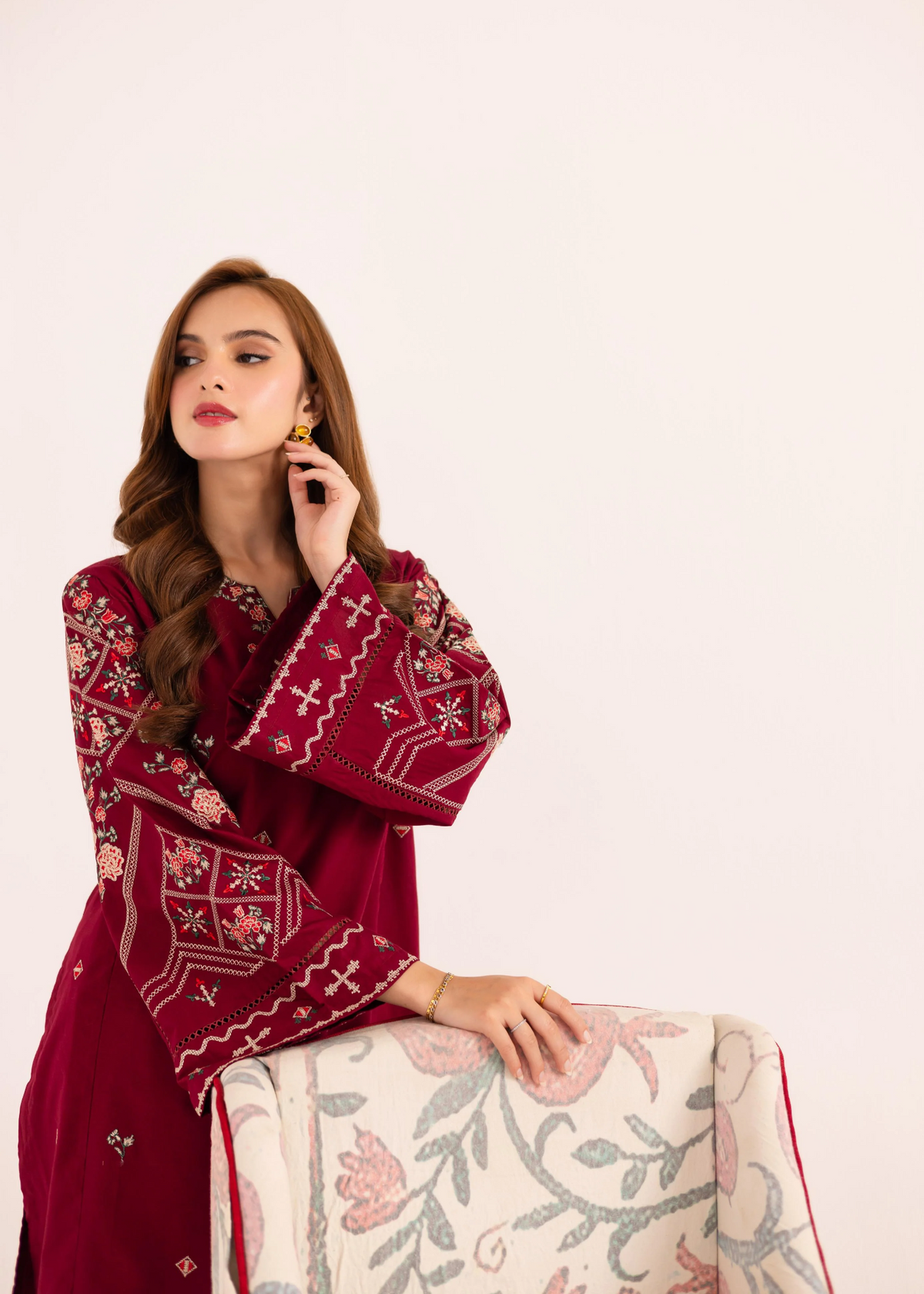 Straight Cut Blood Red Lawn Kurta with Farshi Shalwar Online in UK USA Canada