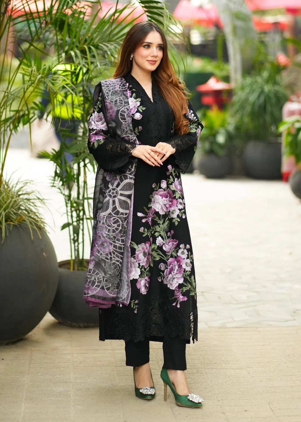 Black Embroidered Lawn Kurta Set with Dupatta