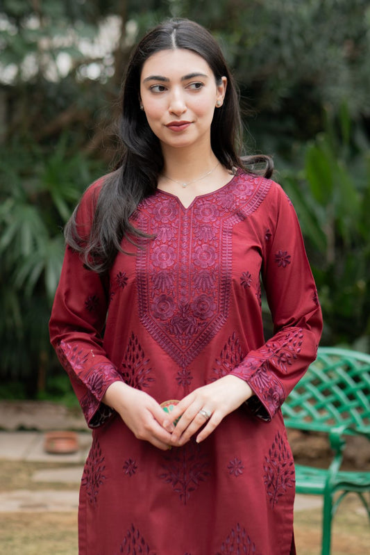Garnet Embroidered Cotton Kurta Pant Set