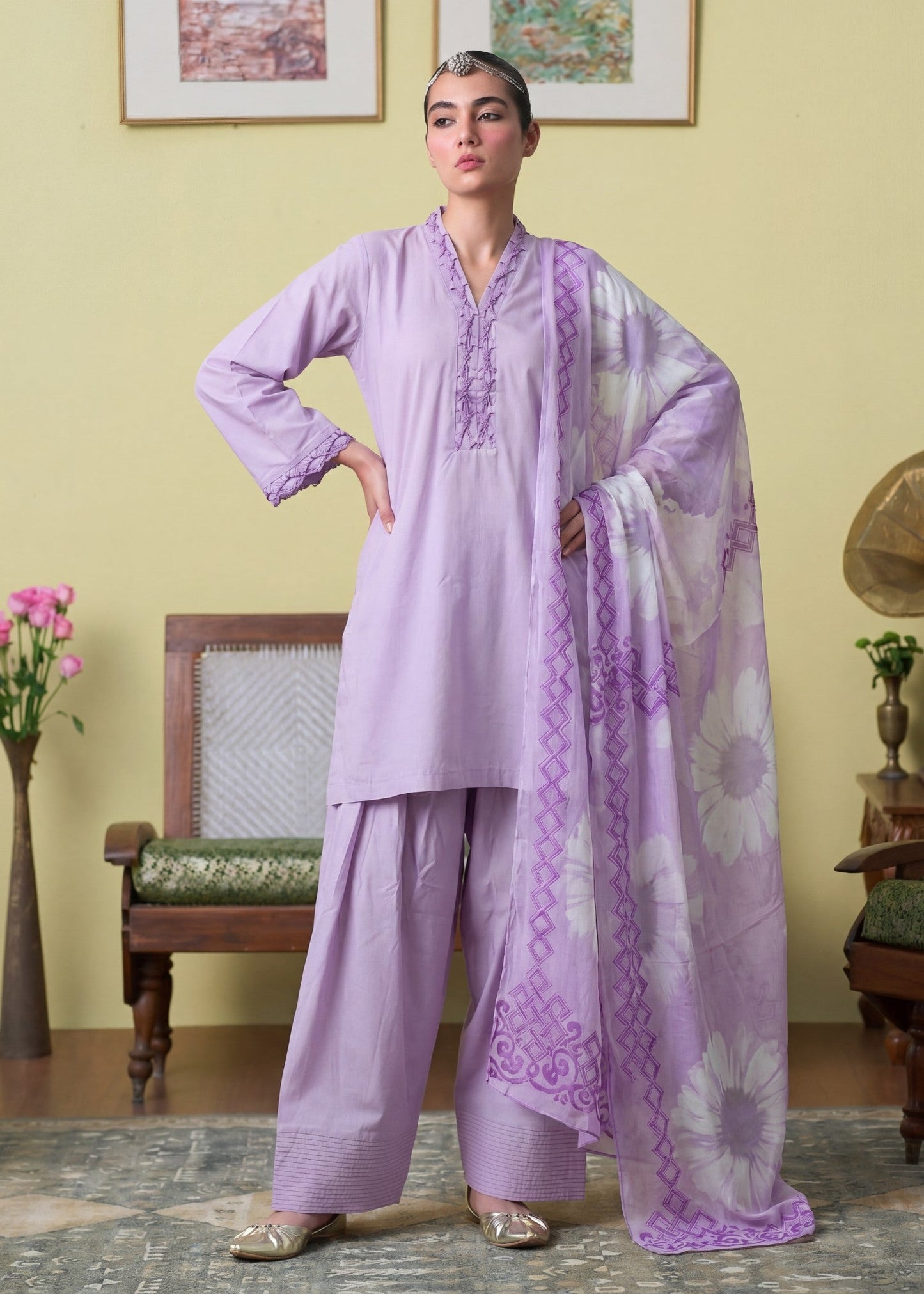 Lacework Violet Lawn Shalwar Kameez Online in KSA Riyadh Saudi Arabia Oman Bahrain Qatar