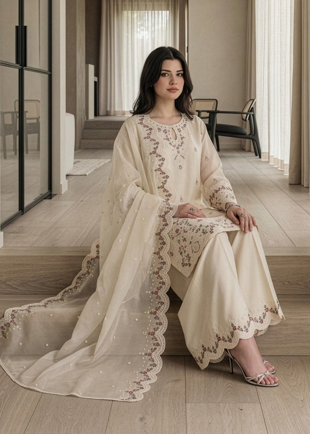 Ladies Antique White Embroidered Lawn Salwar Kameez Online in KSA Riyadh Saudi Arabia Oman Bahrain Qatar