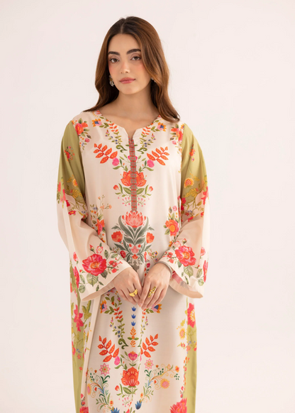 Ladies Antique White Printed Silk Finish Lawn Kaftan Online in KSA Riyadh Saudi Arabia Oman Bahrain Qatar