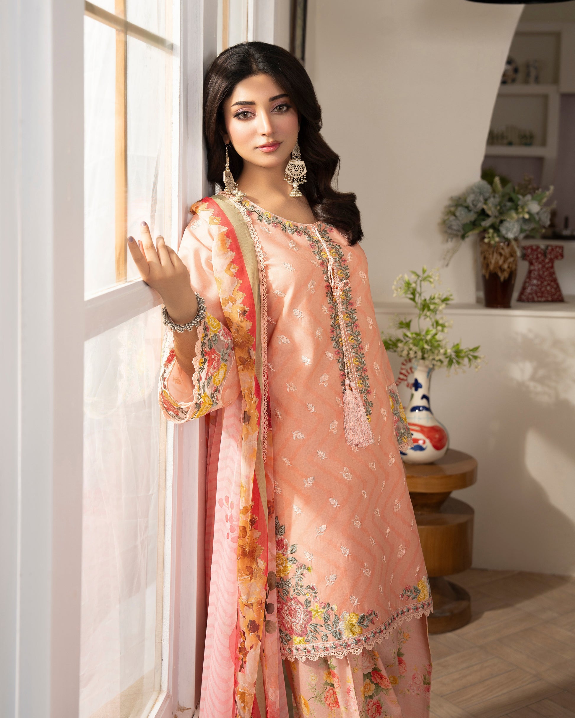 Ladies Apricot Embroidered Lawn Farshi Shalwar Online in Dubai UAE Abudhabi Ajman Sharjah