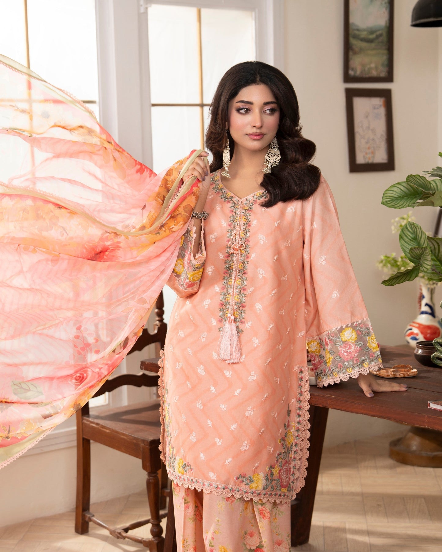 Ladies Apricot Lawn Embroidered Pakistani Suit Online in KSA Riyadh Saudi Arabia Oman Bahrain Qatar