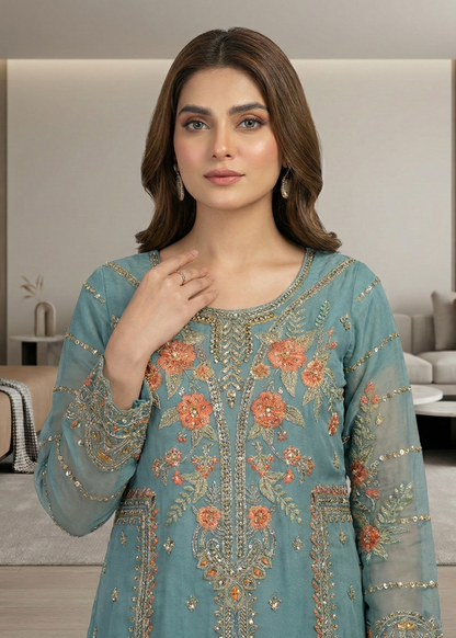 Ladies Aqua Embroidered Organza Partywear Suit Online in UK USA Canada