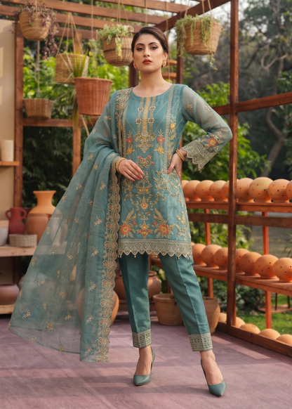 Ladies Aquamarine Embroidered Organza Shalwar Kameez Online in UK USA Canada