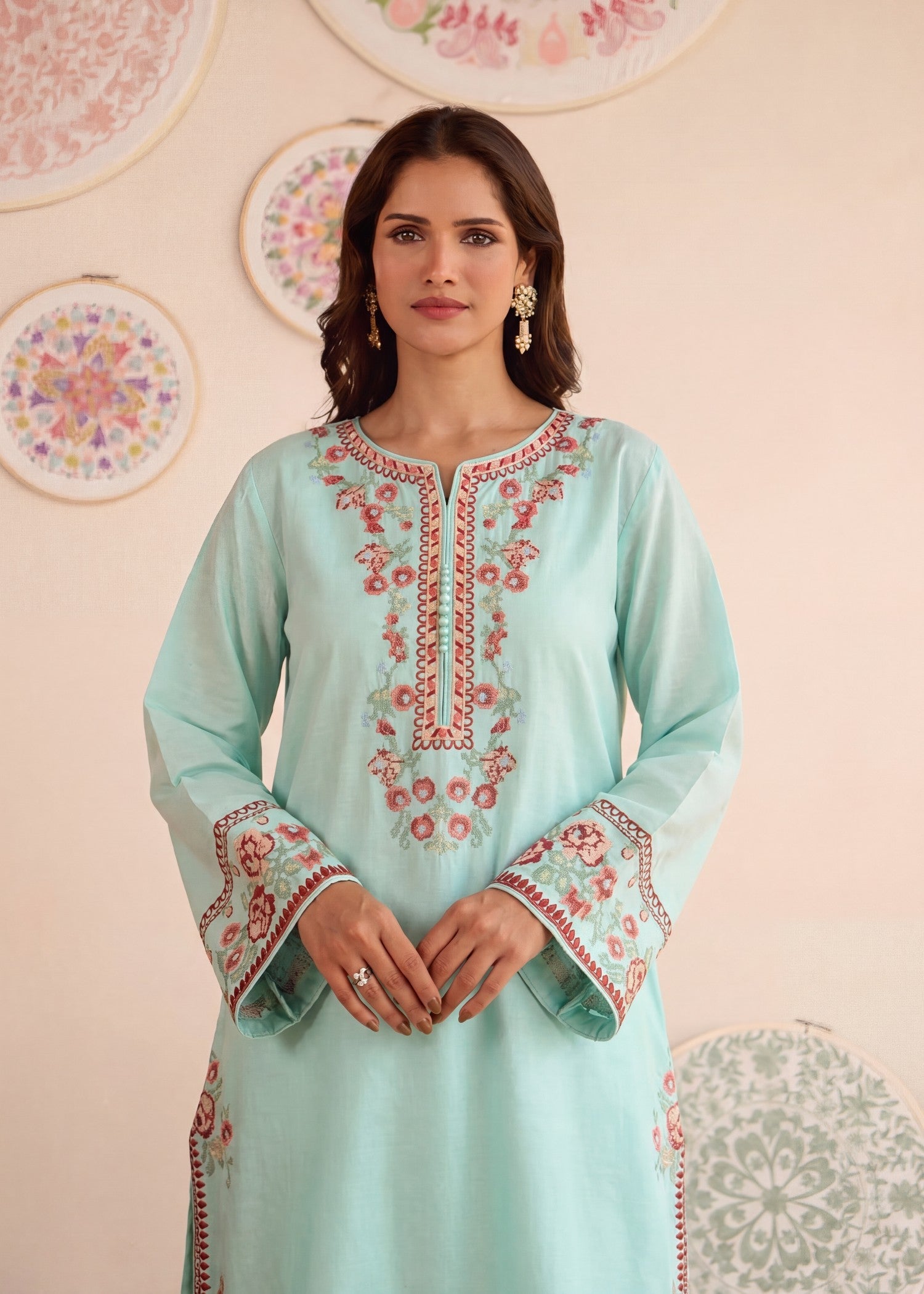 Ladies Aquamarine Embroidered Shalwar Kameez Online in UK USA Canada