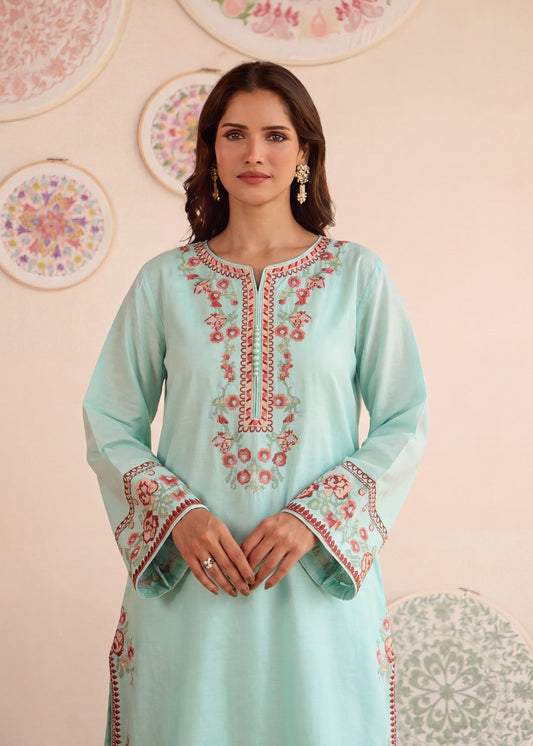 Ladies Aquamarine Embroidered Shalwar Kameez Online in UK USA Canada