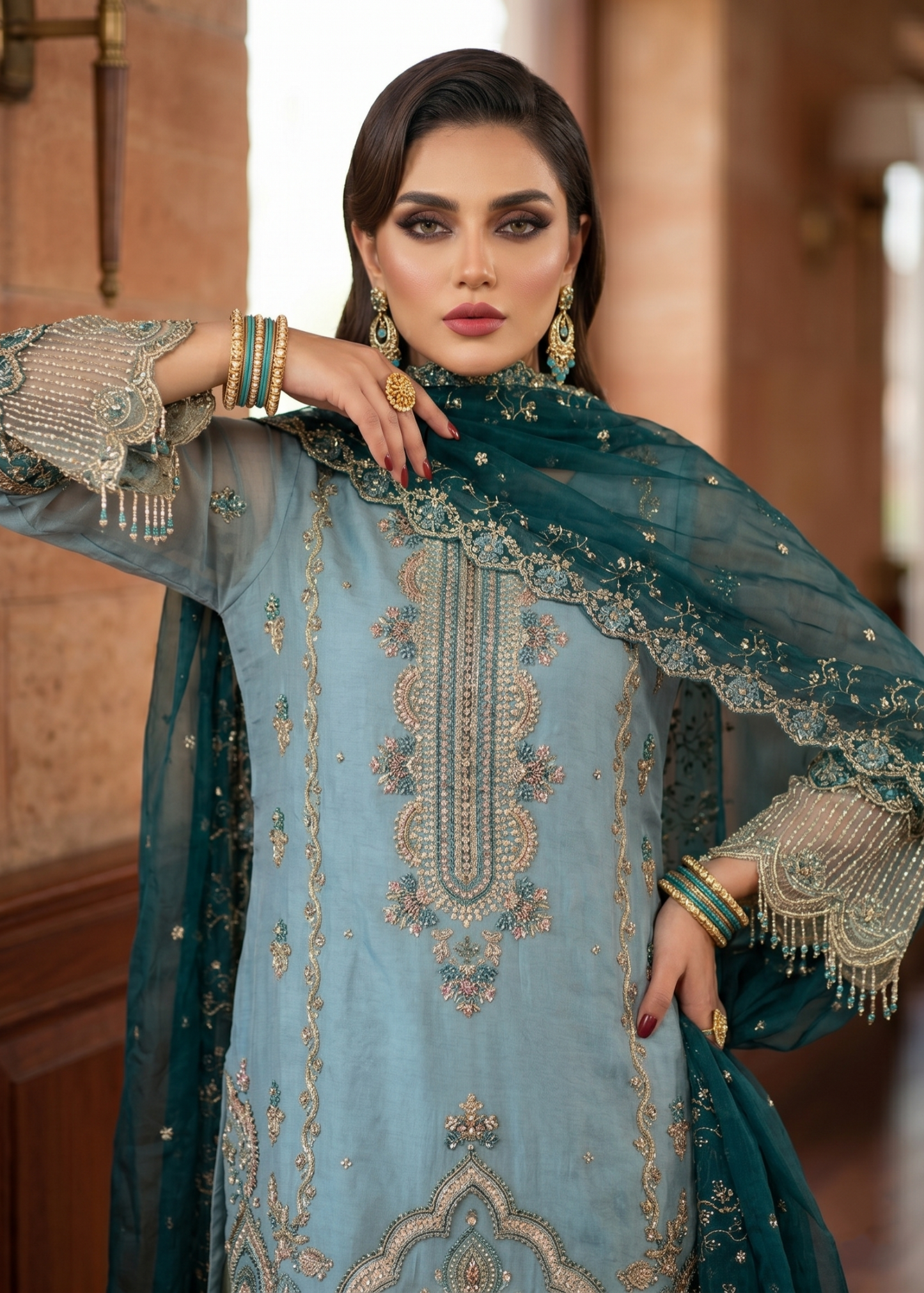 Ladies Aquamarine Organza Festive Suit Online in UK USA Canada