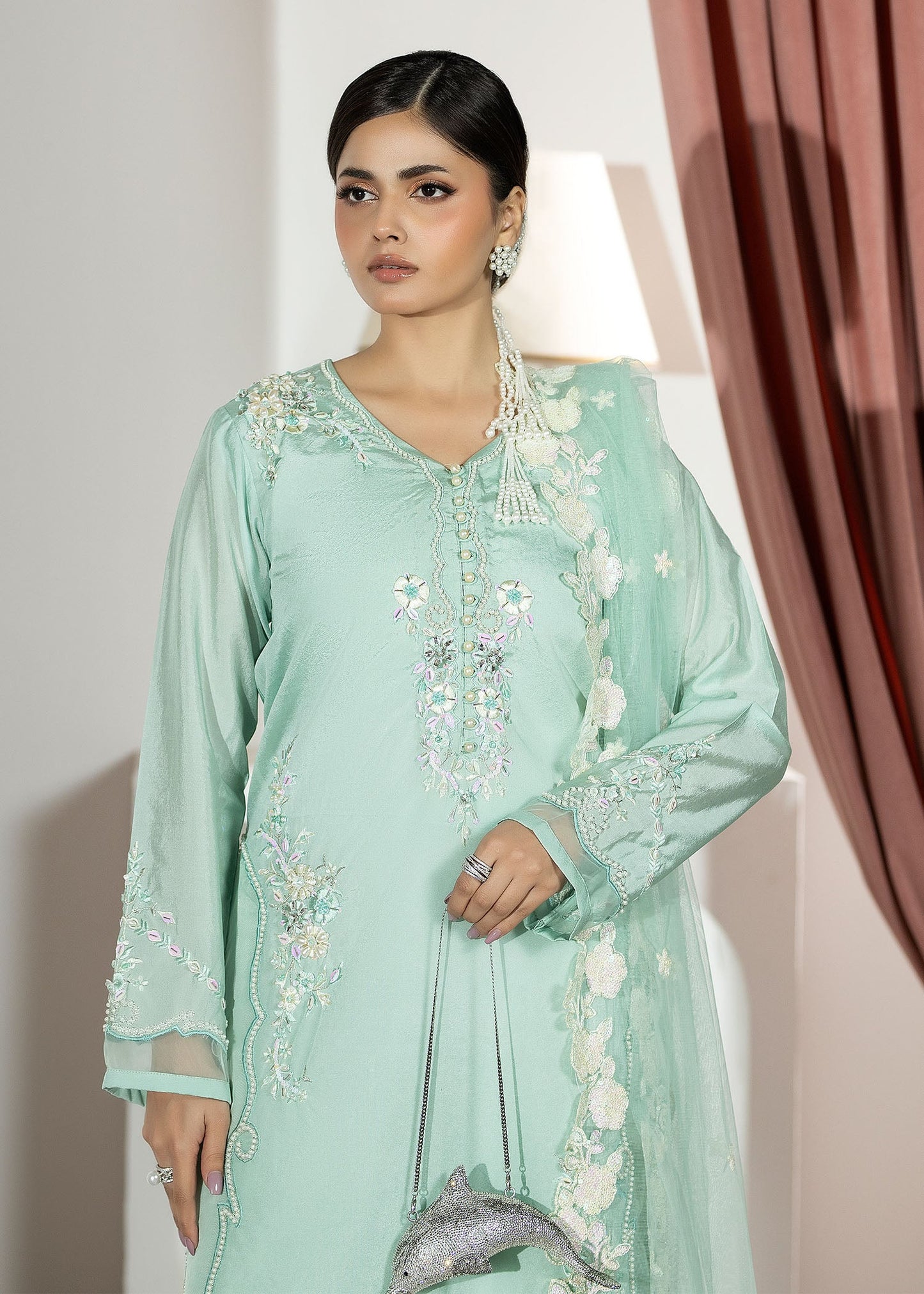 Ladies Aquamarine Silk Festive Suit Online in UK USA Canada