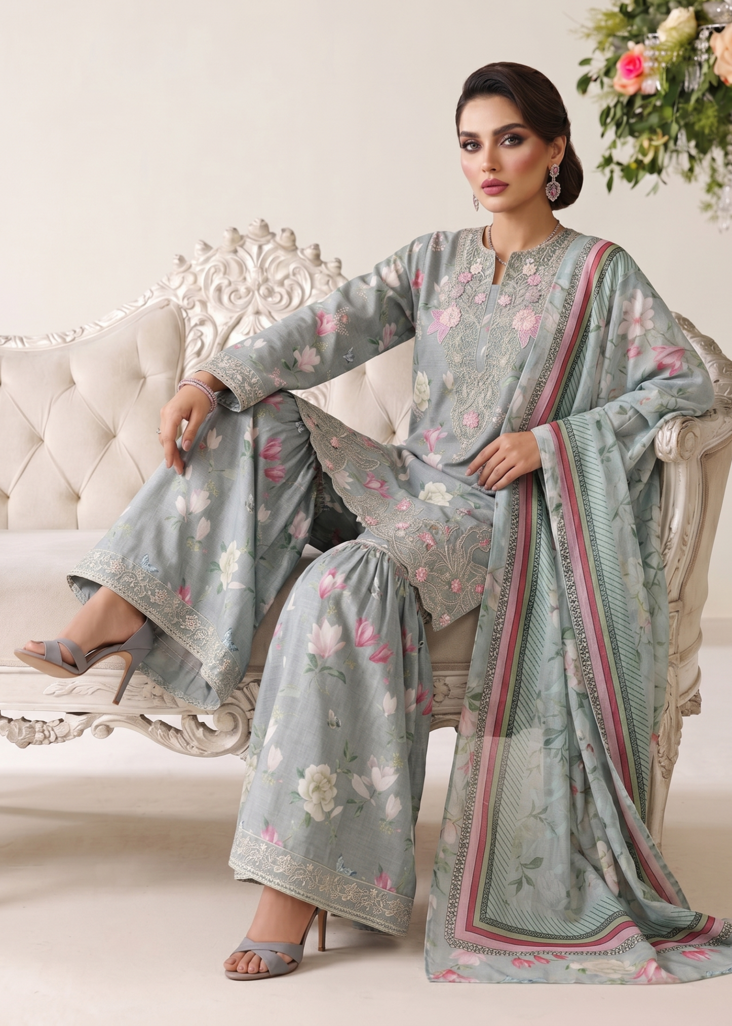 Ladies Ash Grey Embroidered Lawn Sharara Gharara Online in UK USA Canada