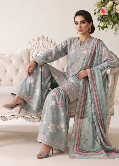 Ladies Ash Grey Embroidered Lawn Sharara Gharara Online in UK USA Canada