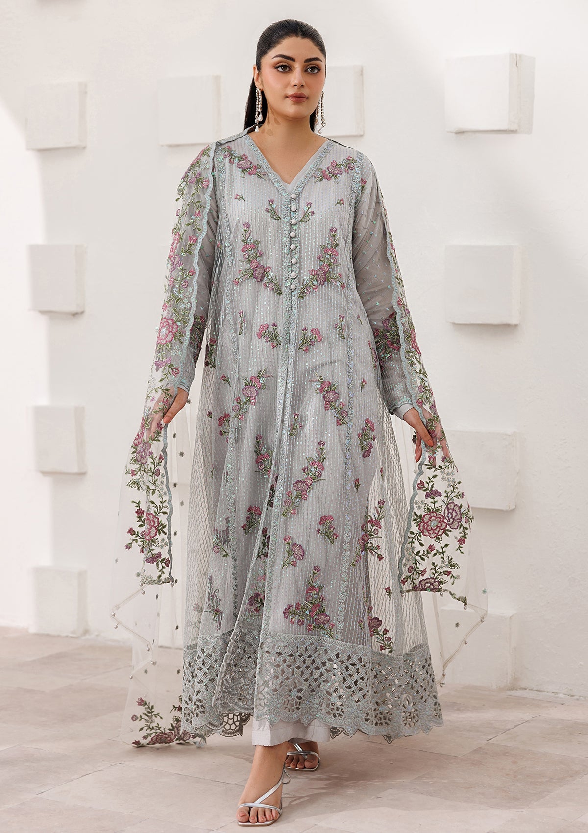 Ladies Ash Grey Embroidered Raw Silk Suit Online in UK USA Canada