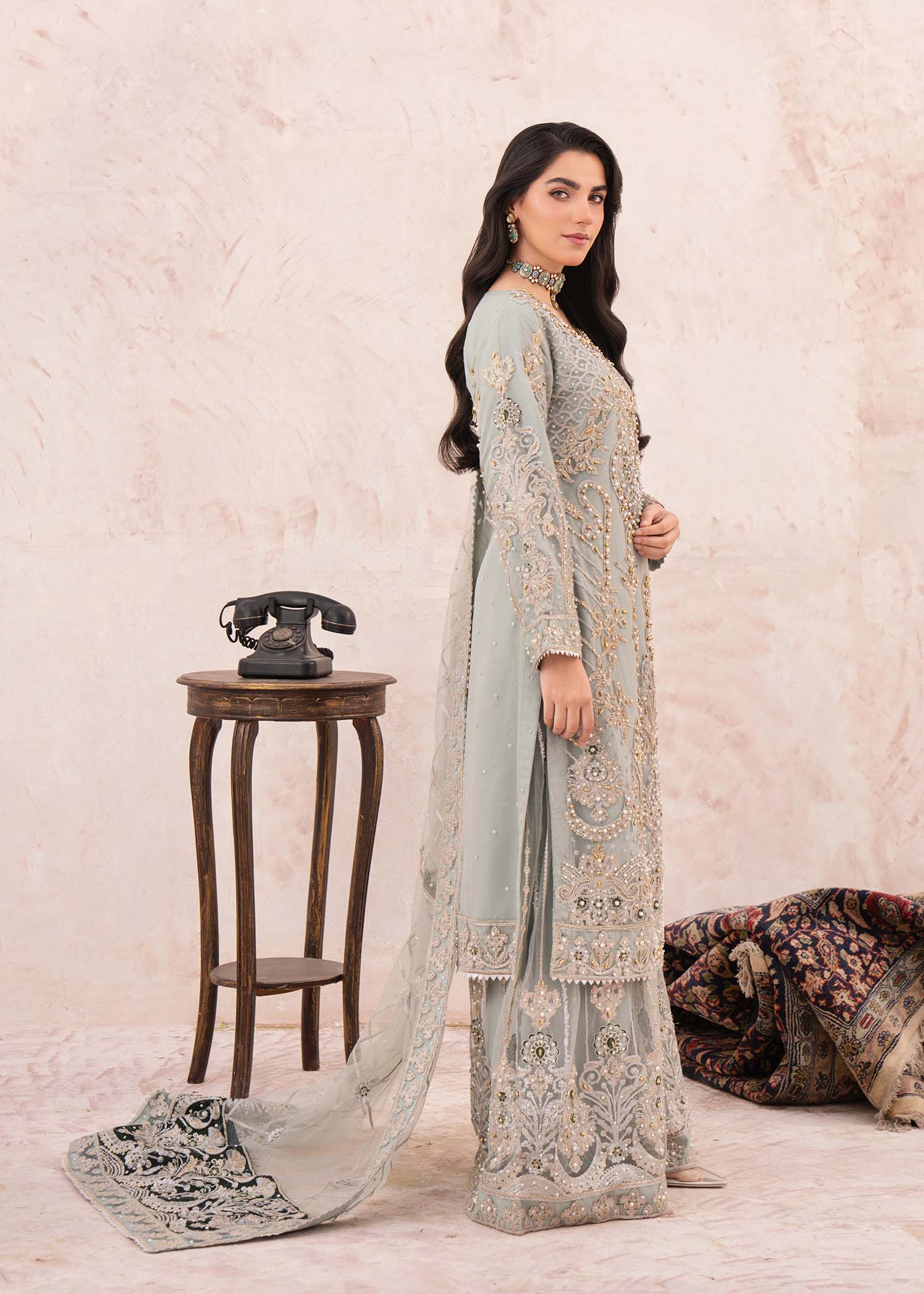 Ladies Ash Grey Net Partywear Suit Online in UK USA Canada