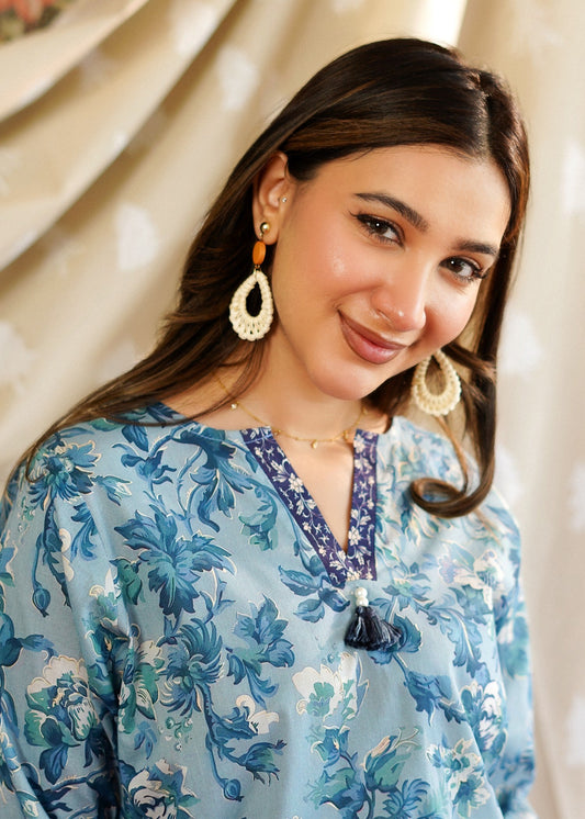 Ladies Azure Floral Print Lawn Kurta Set Online in UK USA Canada