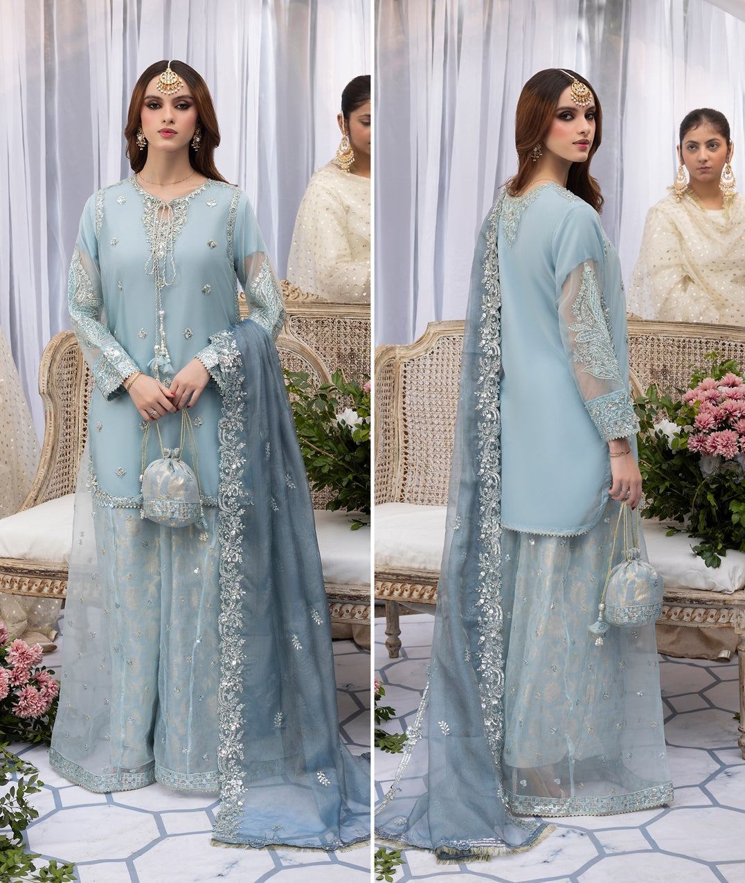 Ladies Baby Blue Sequin Resham Organza Sharara Online in UK USA Canada
