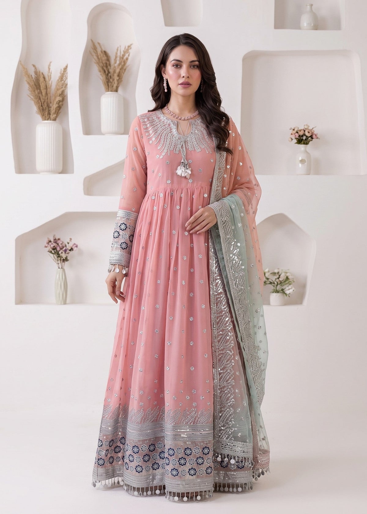 Ladies Baby Pink Embroidered Chiffon Pishwas Online in UK USA Canada