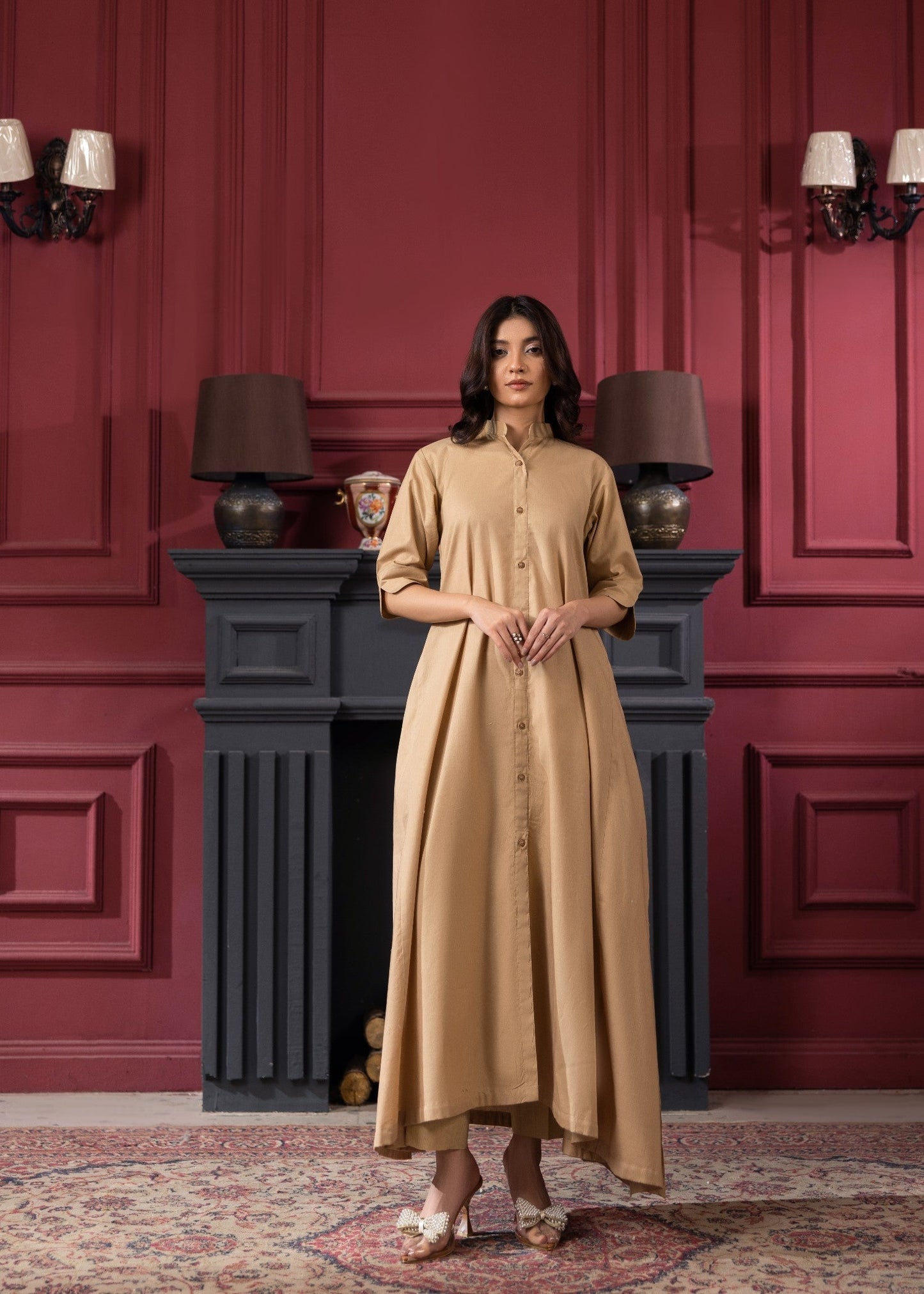 Ladies Beige Cotton Kurta with Straight Trouser Online in UK USA Canada
