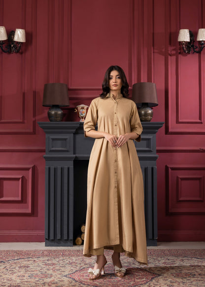 Ladies Beige Cotton Kurta with Straight Trouser Online in UK USA Canada