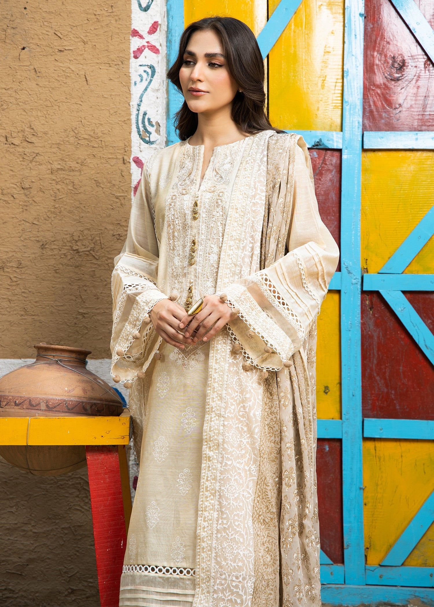 Ladies Beige Cotton Silk Embroidered Suit Online in UK USA Canada