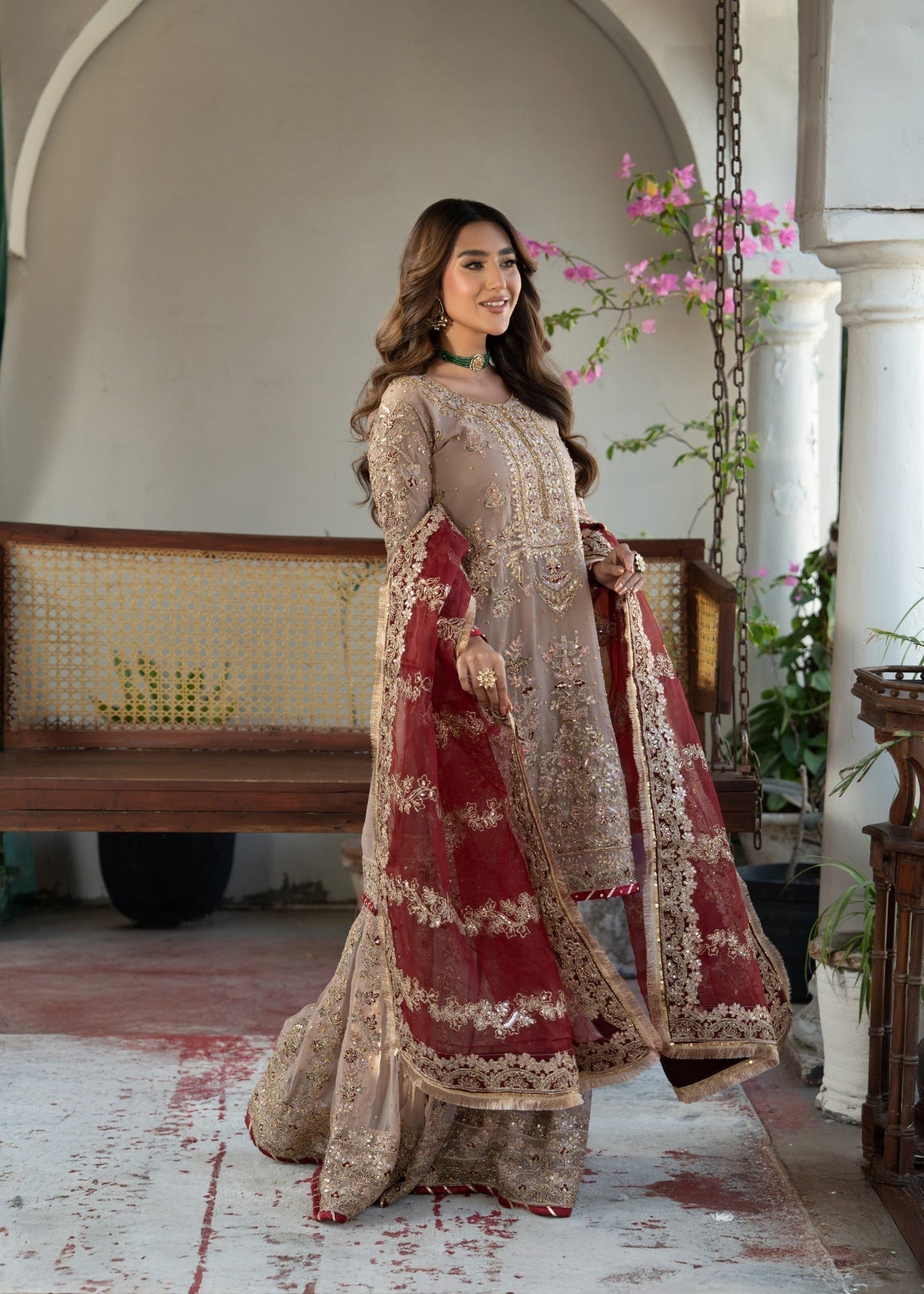 Ladies Beige Embellished Chiffon Salwar Kameez Online in UK USA Canada