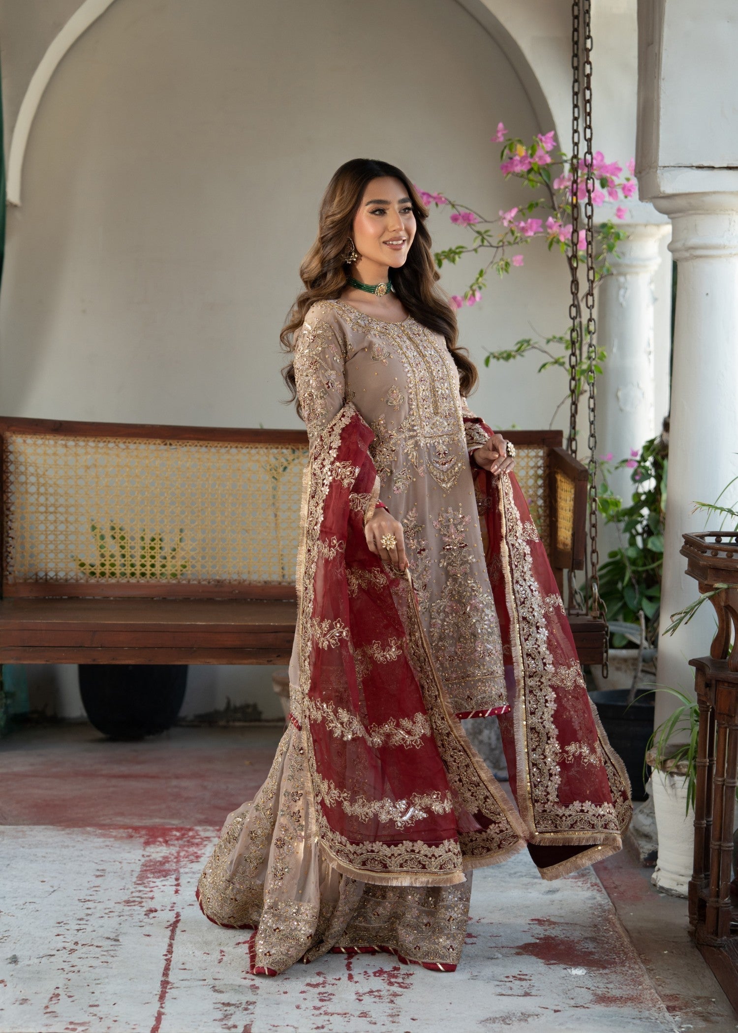 Ladies Beige Embellished Chiffon Salwar Kameez Online in UK USA Canada