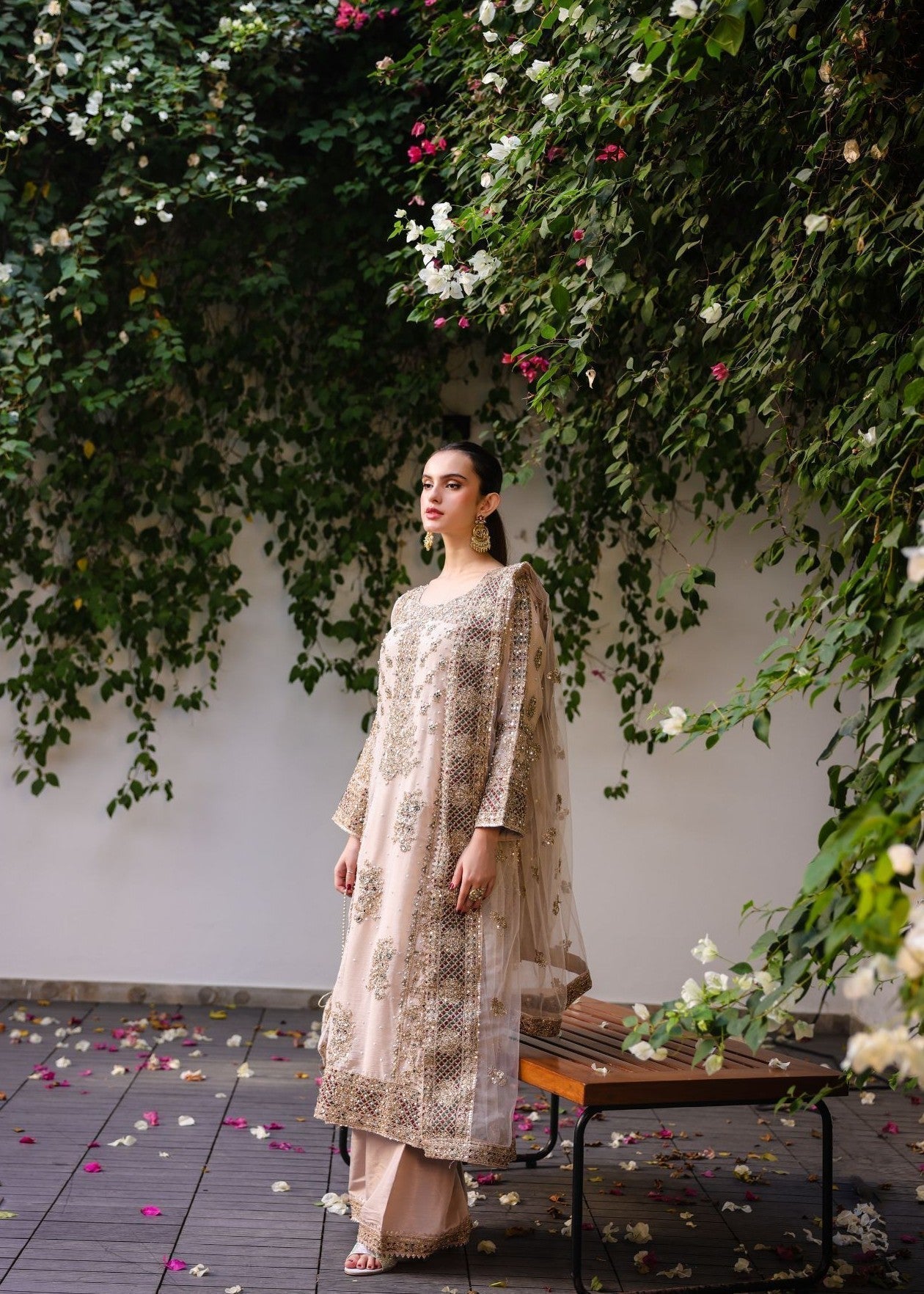 Ladies Beige Embellished Chiffon Shalwar Kameez Online in UK USA Canada