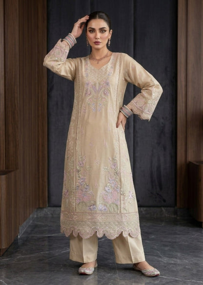 Ladies Beige Embroidered Lawn Shalwar Kameez Online in UK USA Canada