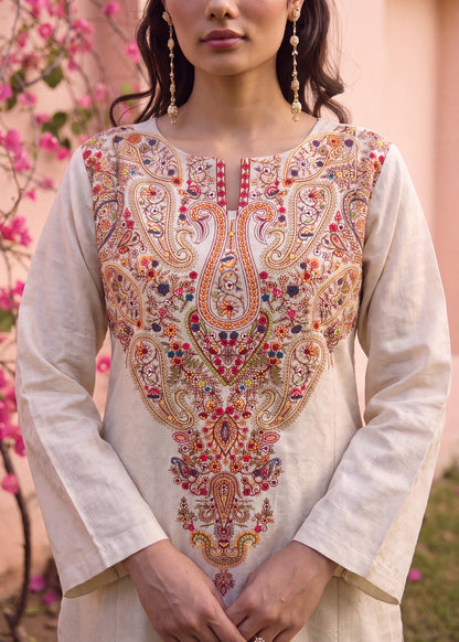 Ladies Beige Embroidered Lawn Suit Online in UK USA Canada