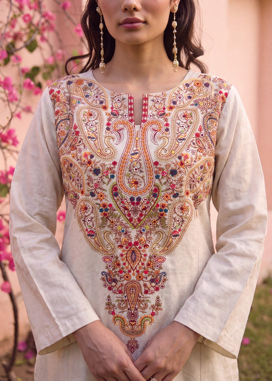 Ladies Beige Embroidered Lawn Suit Online in UK USA Canada
