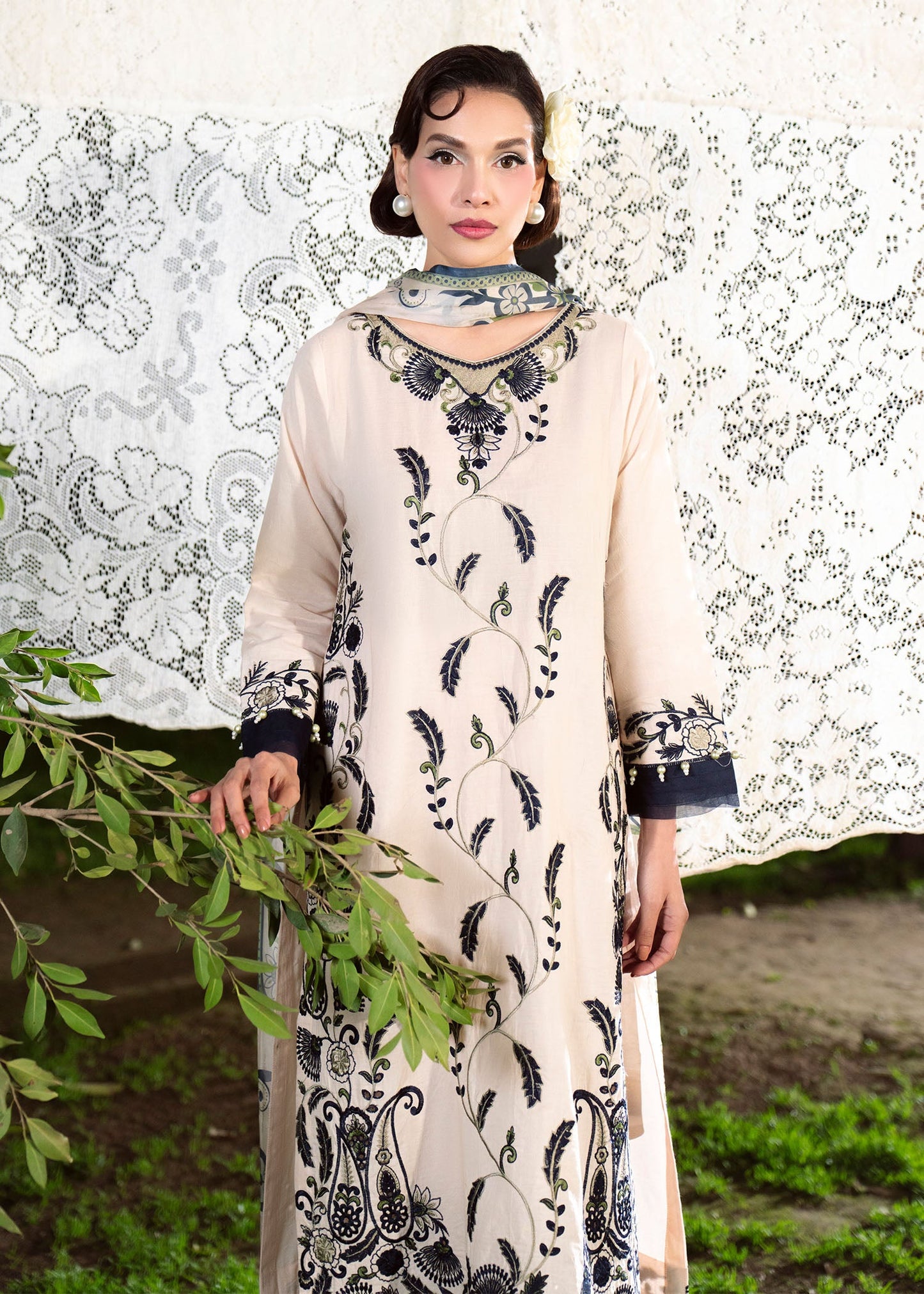 Ladies Beige Embroidered Lawn Suit Online in UK USA Canada