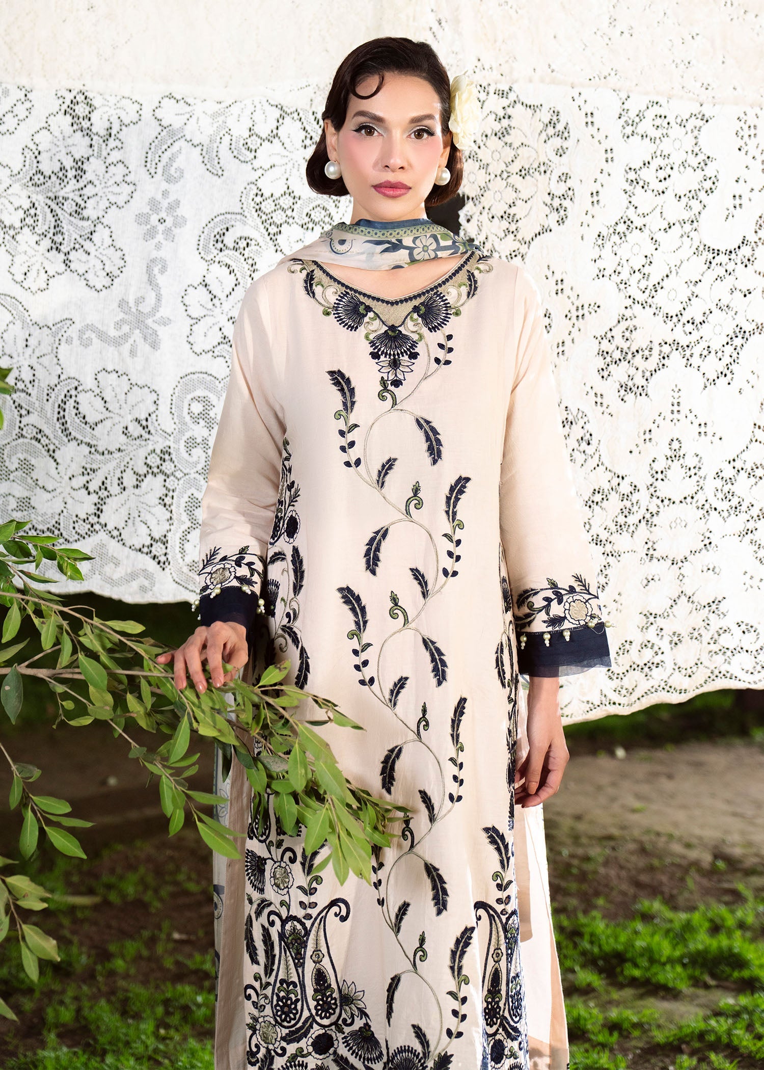 Ladies Beige Embroidered Lawn Suit Online in UK USA Canada