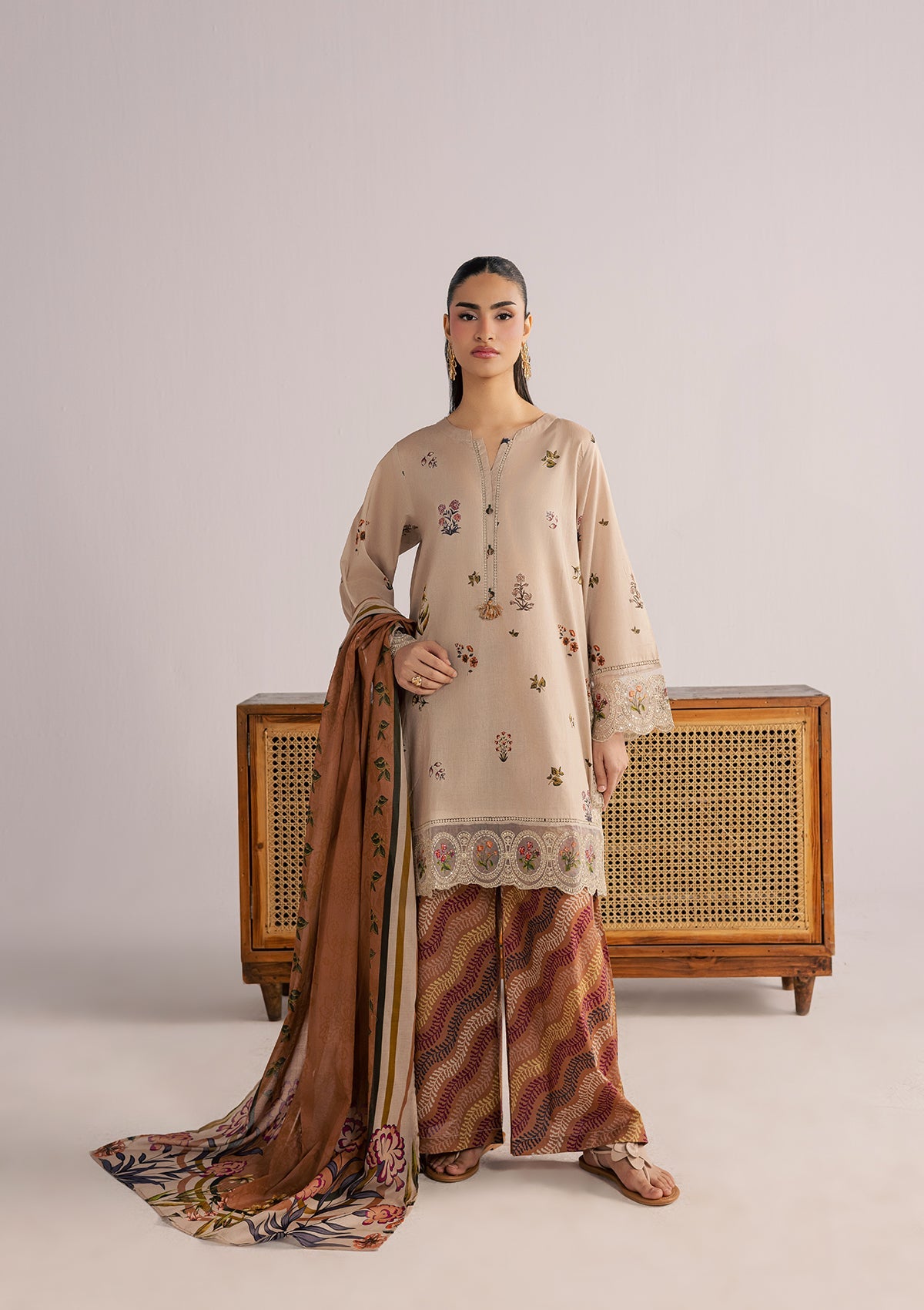 Ladies Beige Embroidered Lawn Suit with Trouser Online in UK USA Canada