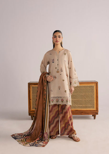 Ladies Beige Embroidered Lawn Suit with Trouser Online in UK USA Canada