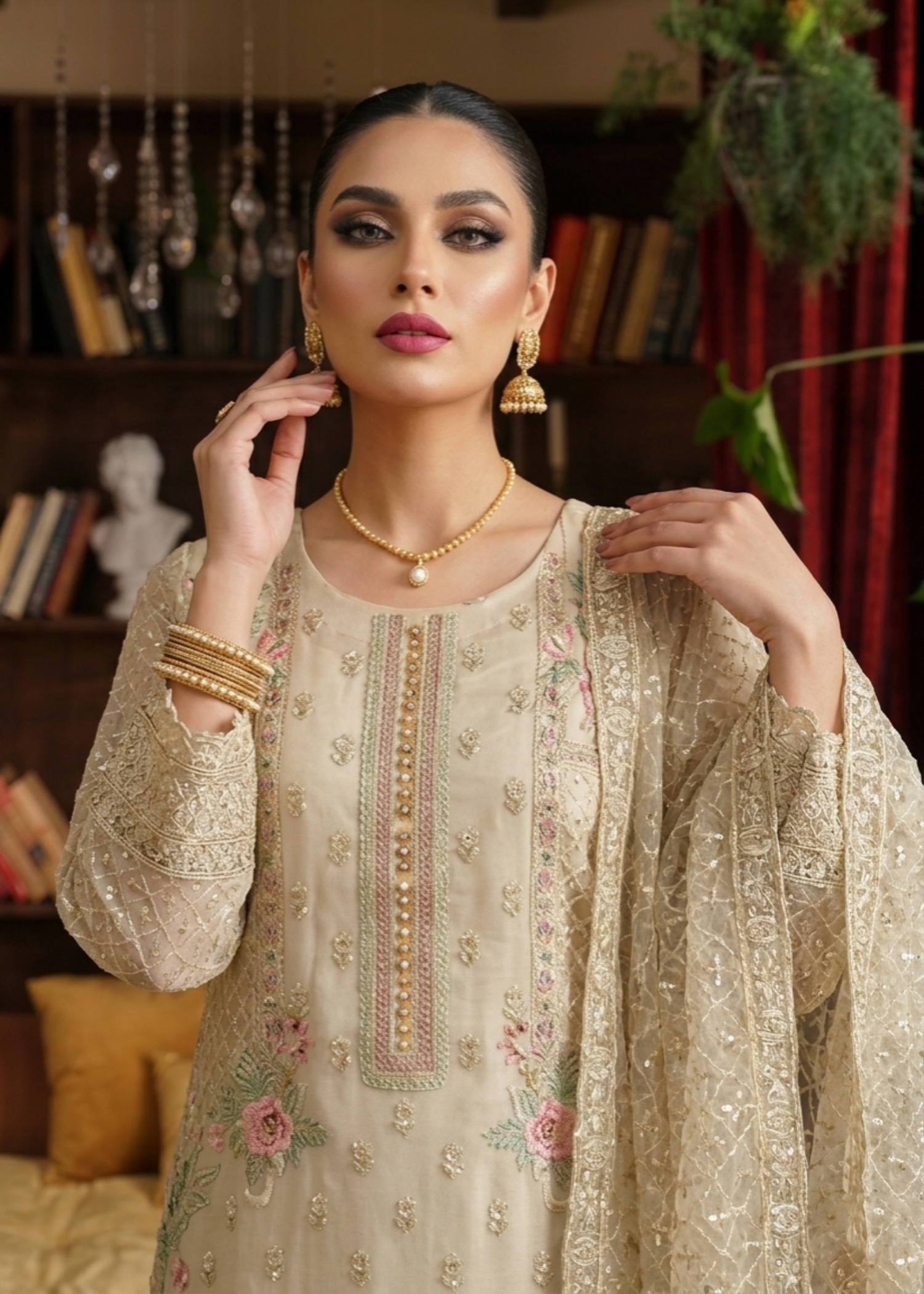 Ladies Beige Embroidered Organza Party Suit Online in Dubai UAE Abudhabi Ajman Sharjah