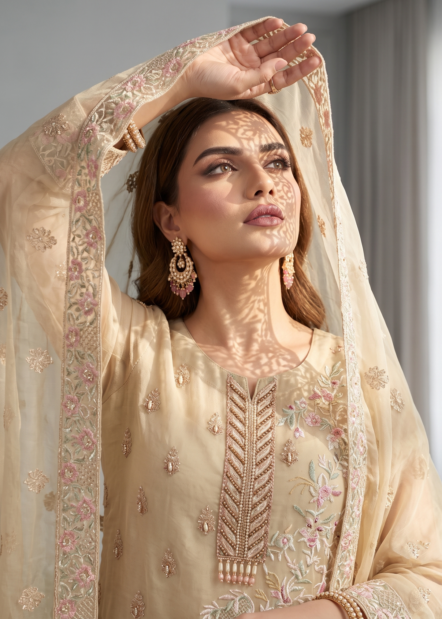 Ladies Beige Embroidered Organza Suit Online in UK USA Canada