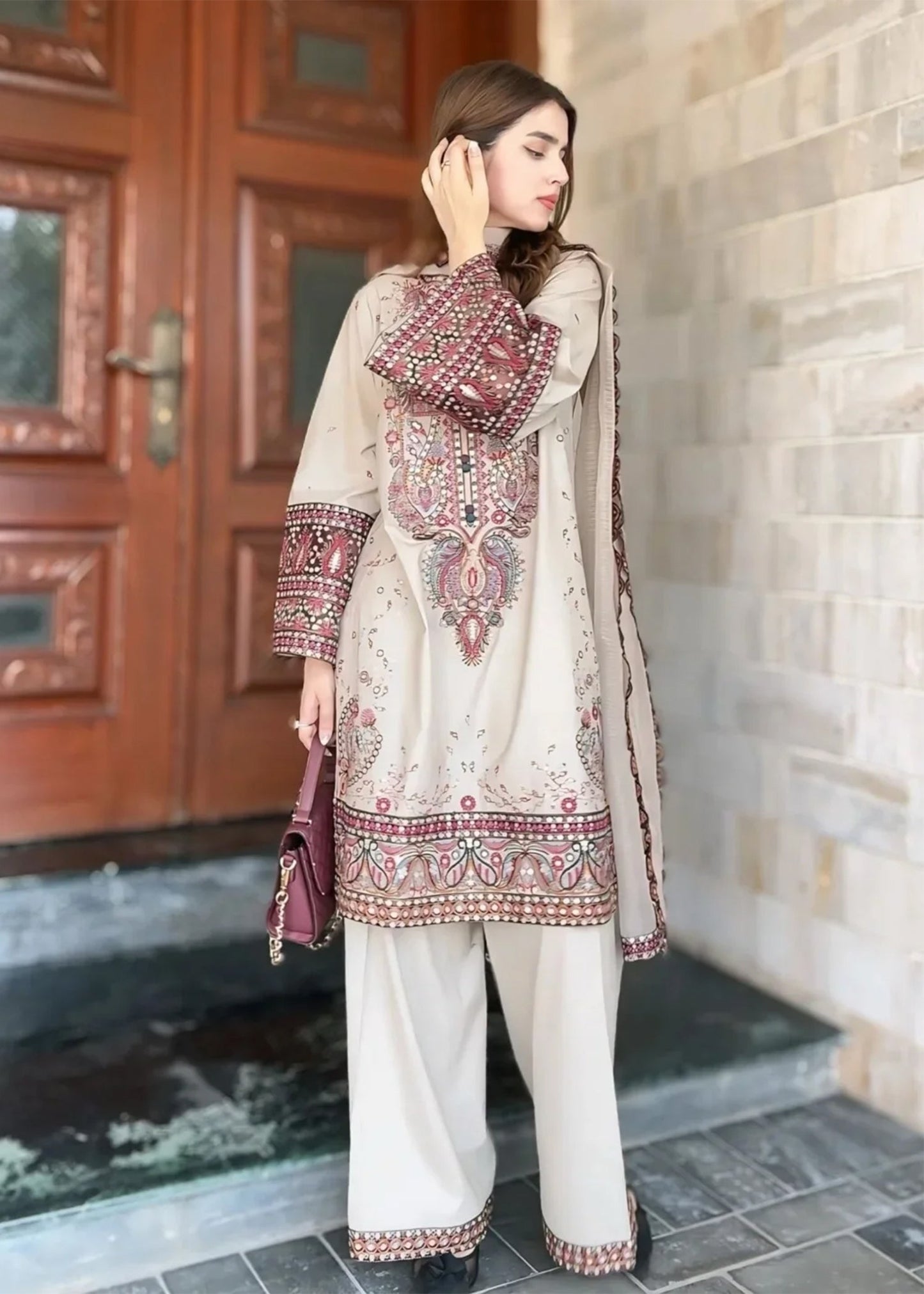 Ladies Beige Embroidered Shalwar Kameez Online in UK USA Canada
