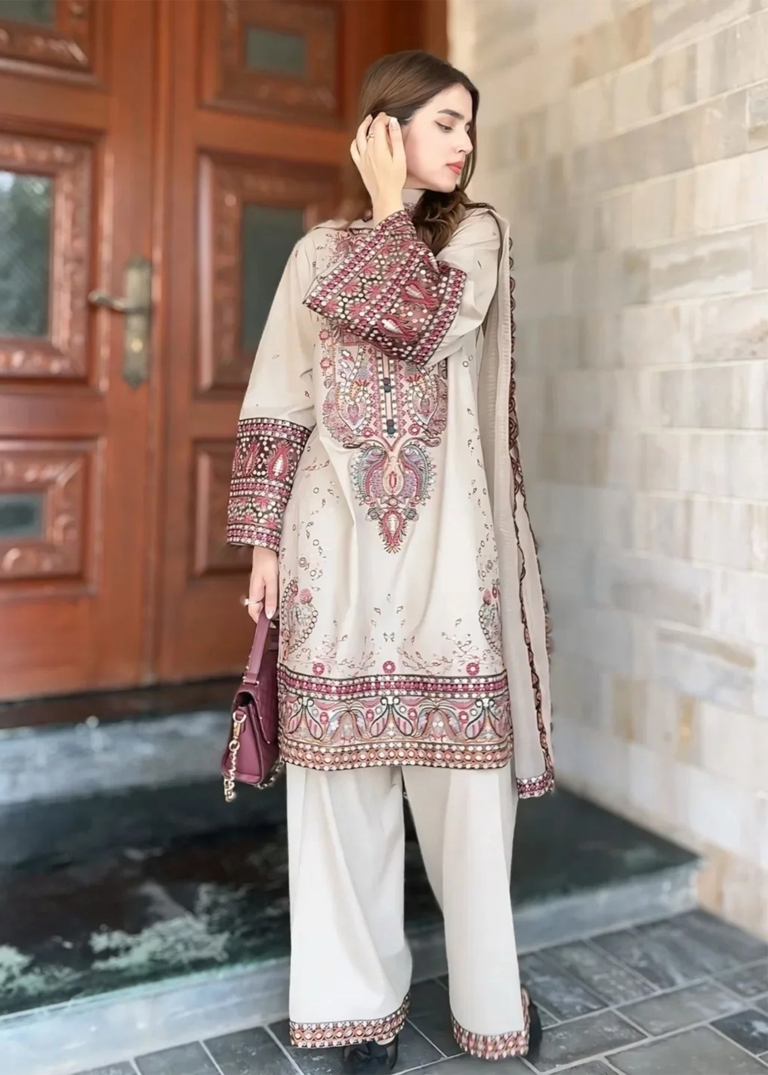 Ladies Beige Embroidered Shalwar Kameez Online in UK USA Canada