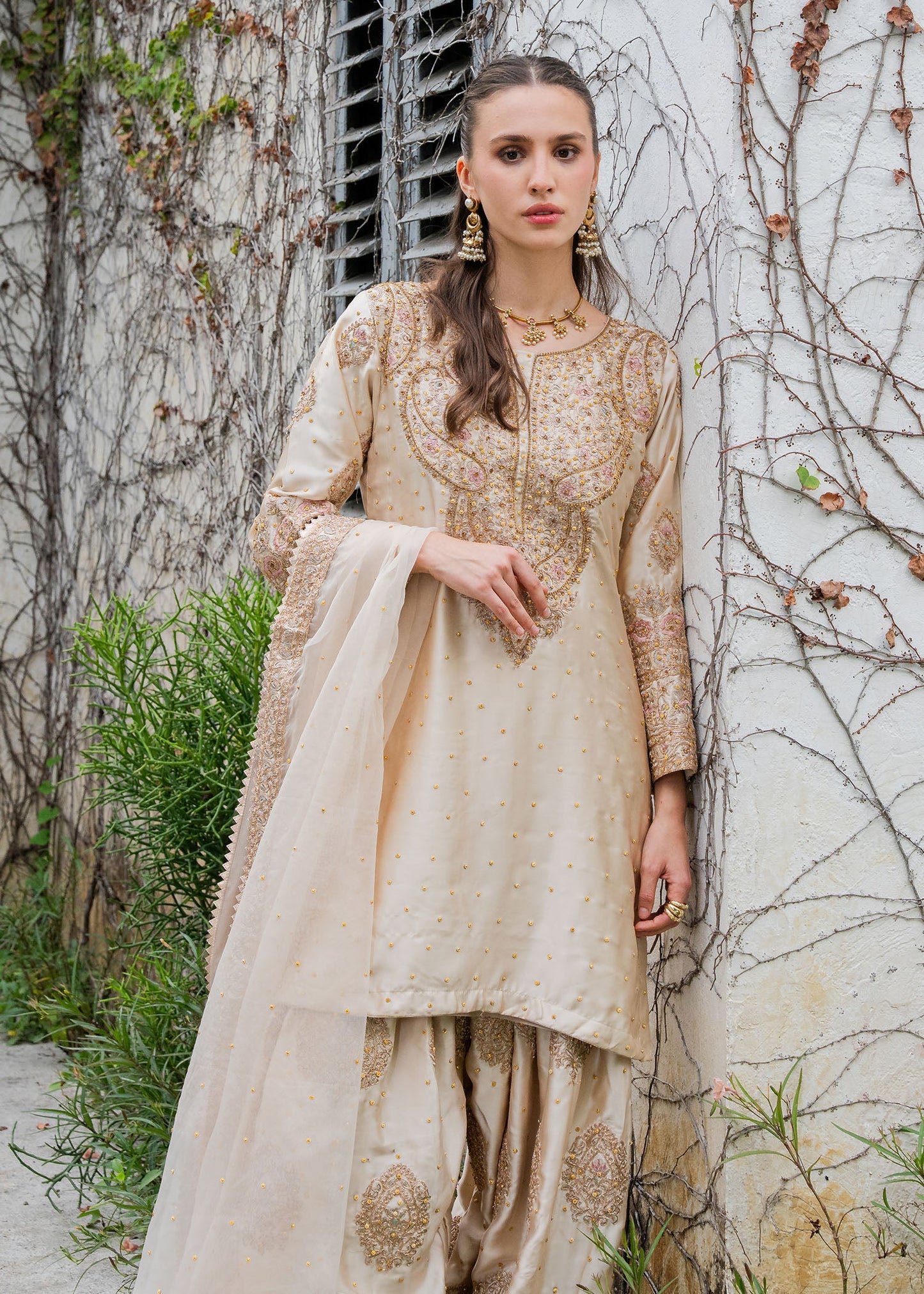 Ladies Beige Farshi Shalwar Kameez Embroidered Online in UK USA Canada