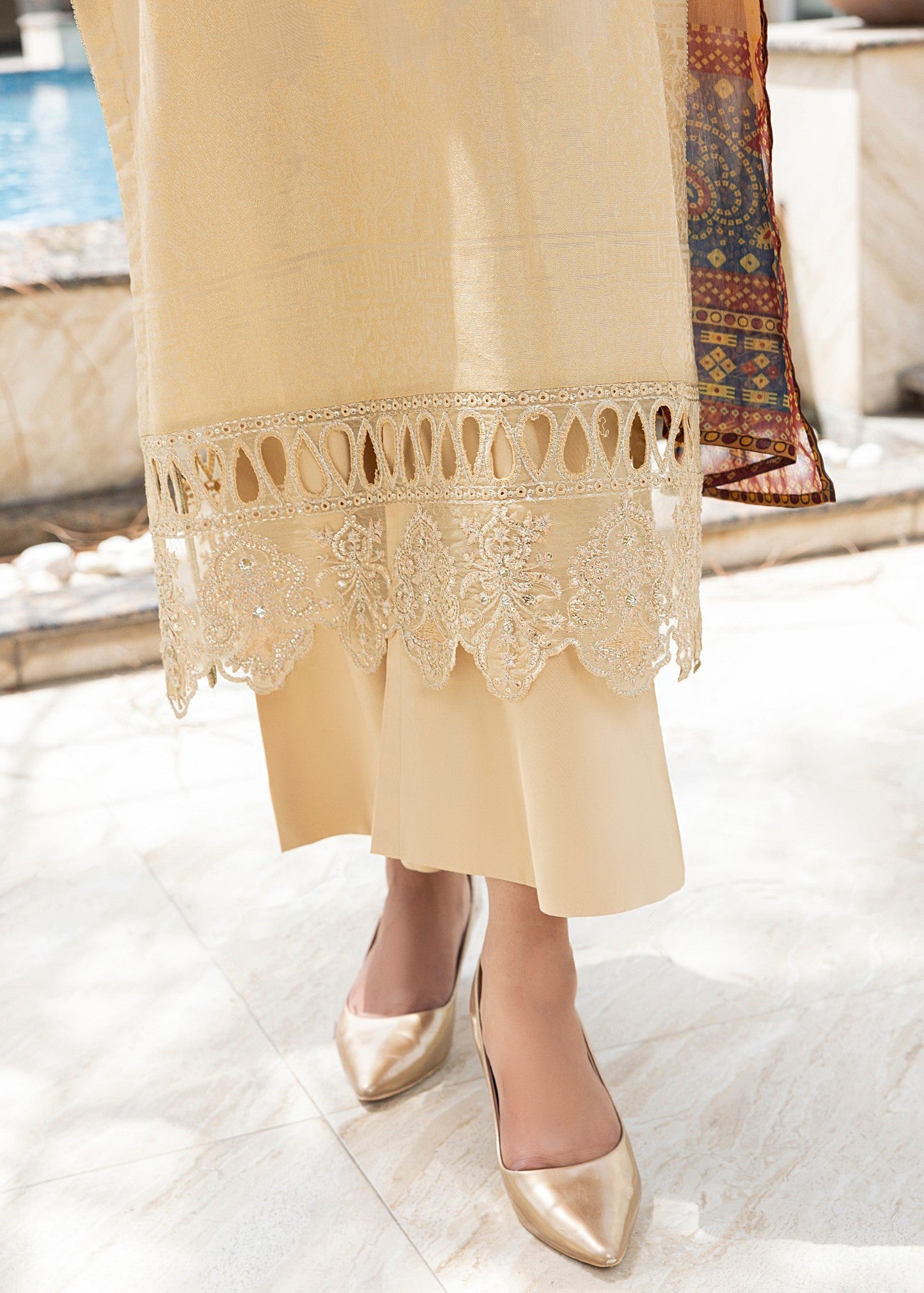 Ladies Beige Jacquard Embroidered Party Suit Online in UK USA Canada