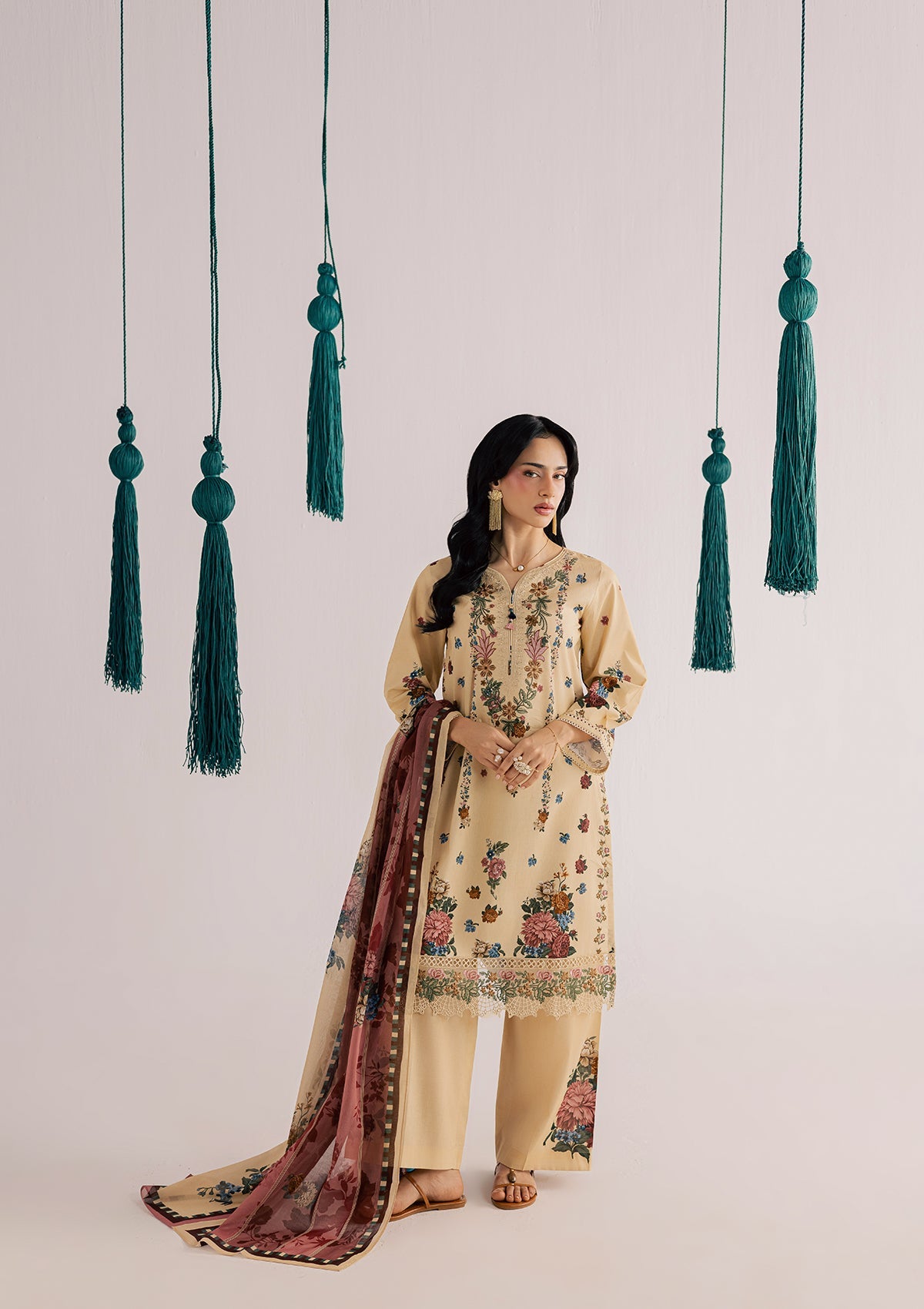Ladies Beige Lawn Embroidered Suit Online in UK USA Canada